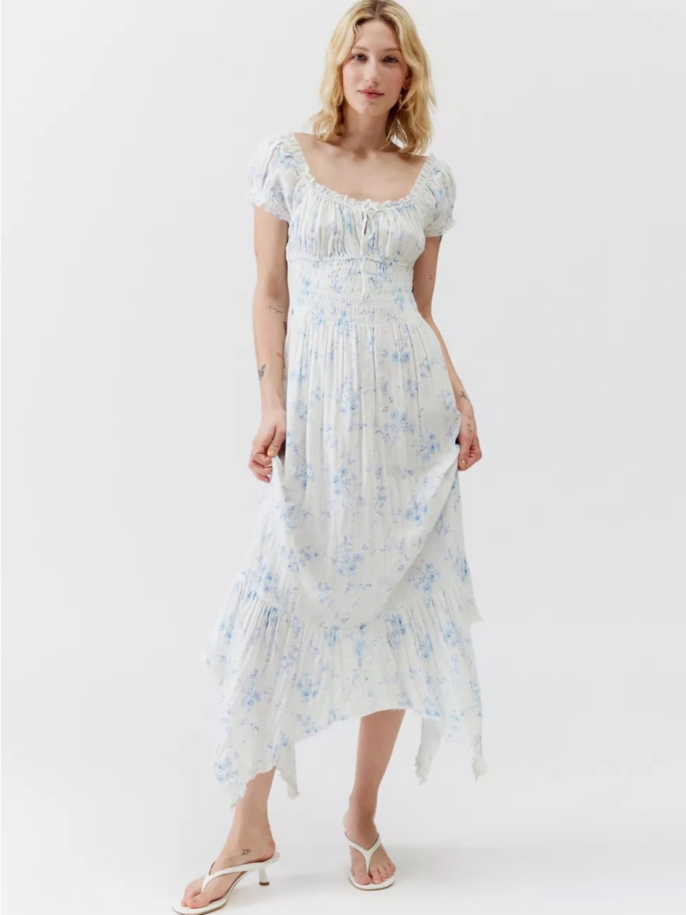 Urban Outfitters Kimchi Blue Ski Womens XL Floral Smocked Fringe Hem Midi Dress